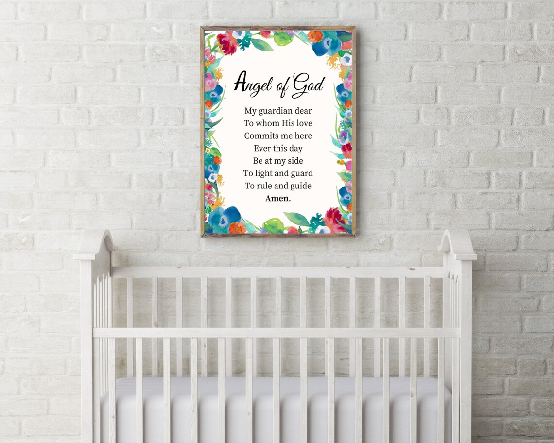 Angel Of God Guardian Prayer Watercolor Floral Christian Nursery Wall Art Poster - Image 2