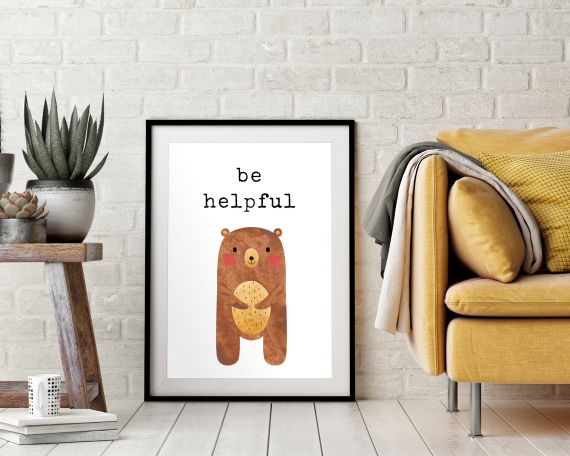 Be Helpful Cozy Brown Watercolor Bear Nursery Affirmation Poster - Image 2