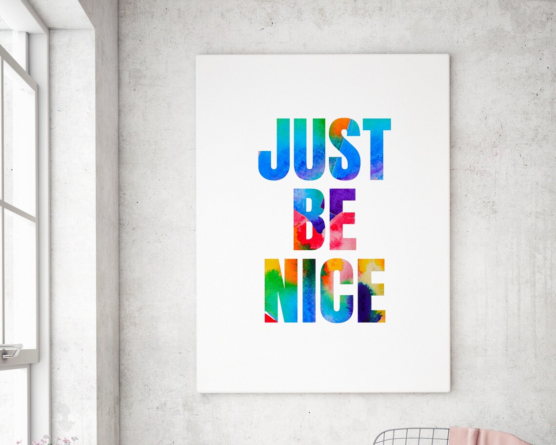 Just Be Nice Watercolor Rainbow Kindness Quote Classroom Wall Art Poster - Image 3