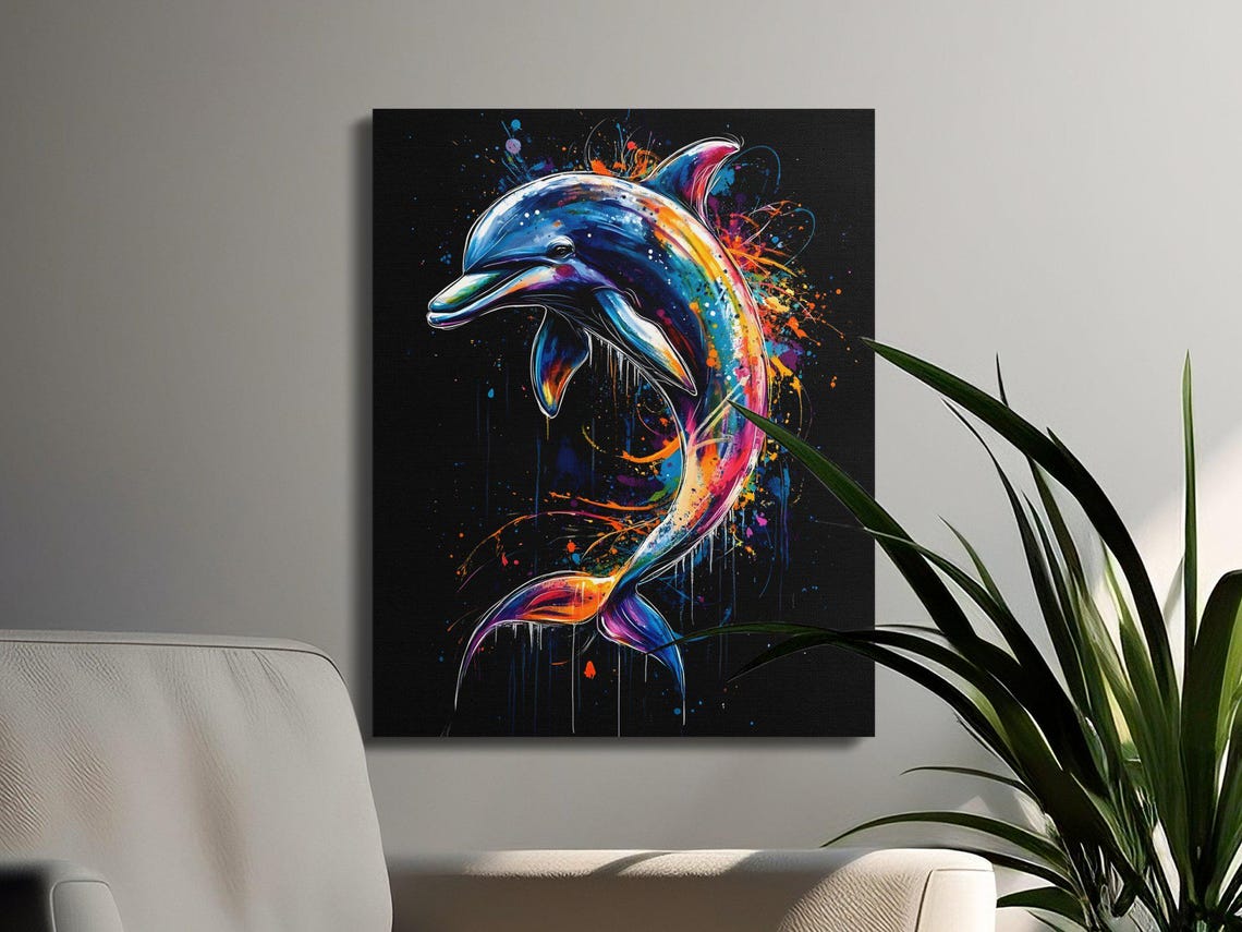 Leaping Dolphin Rainbow Splash Art Black Canvas Ocean Poster - Image 3