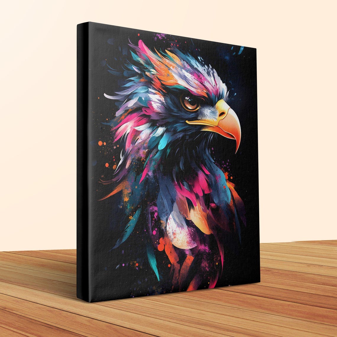 Majestic Eagle Portrait Pink and Teal Splash Black Canvas Poster