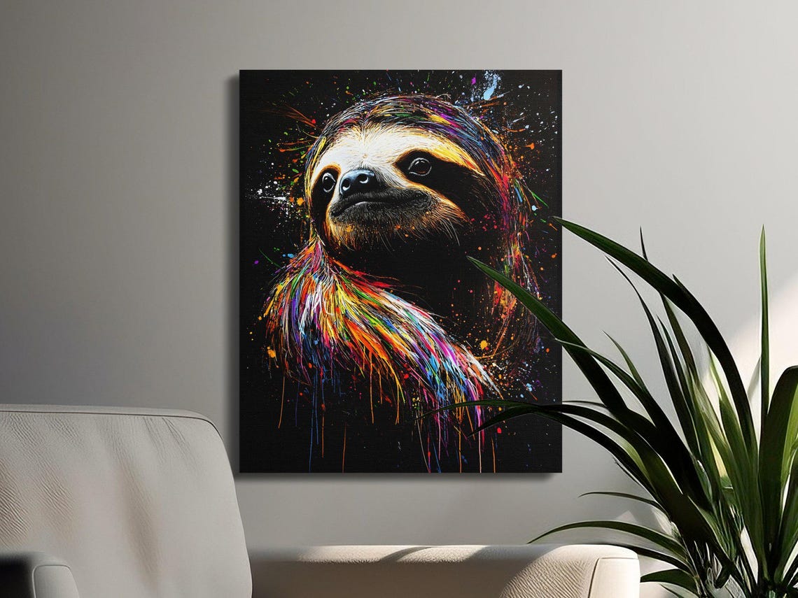 Smiling Sloth Portrait Paint Splash Black Canvas Wildlife Poster - Image 3
