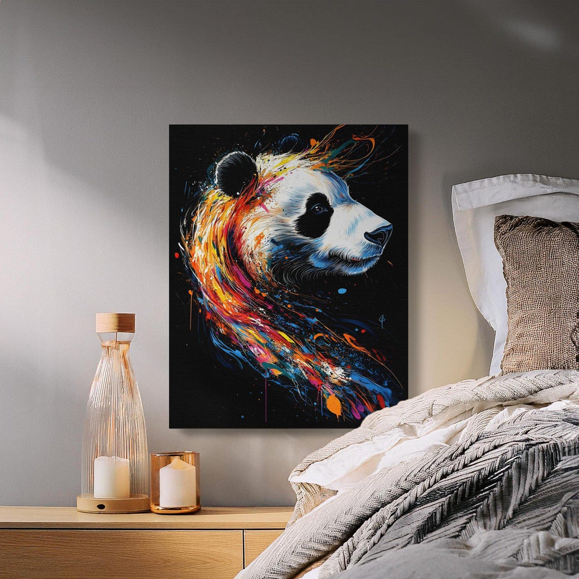 Panda Profile Rainbow Swirl Splash Painting Black Canvas Poster - Image 3