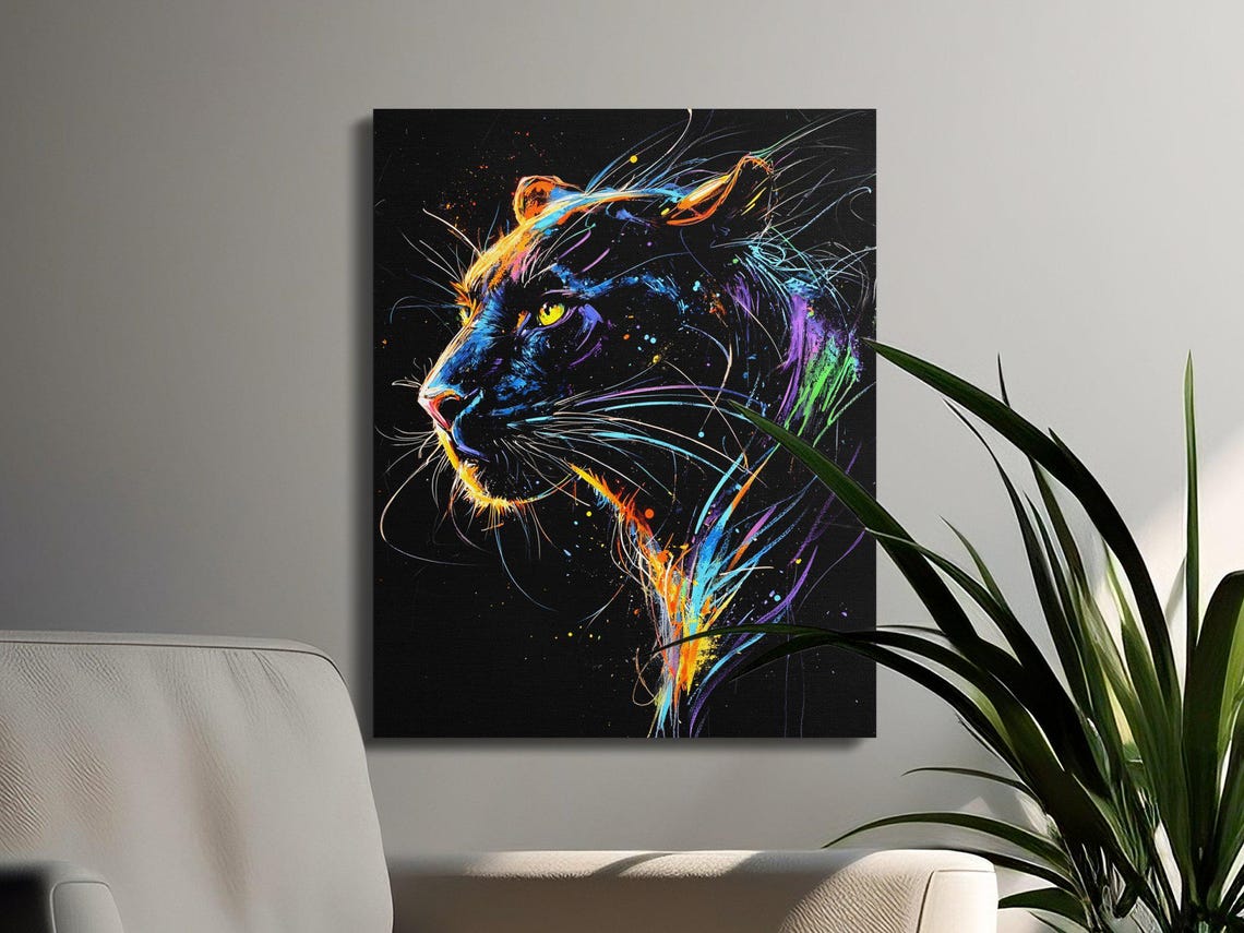 Black Panther Neon Splash Portrait Black Canvas Wildlife Poster - Image 3