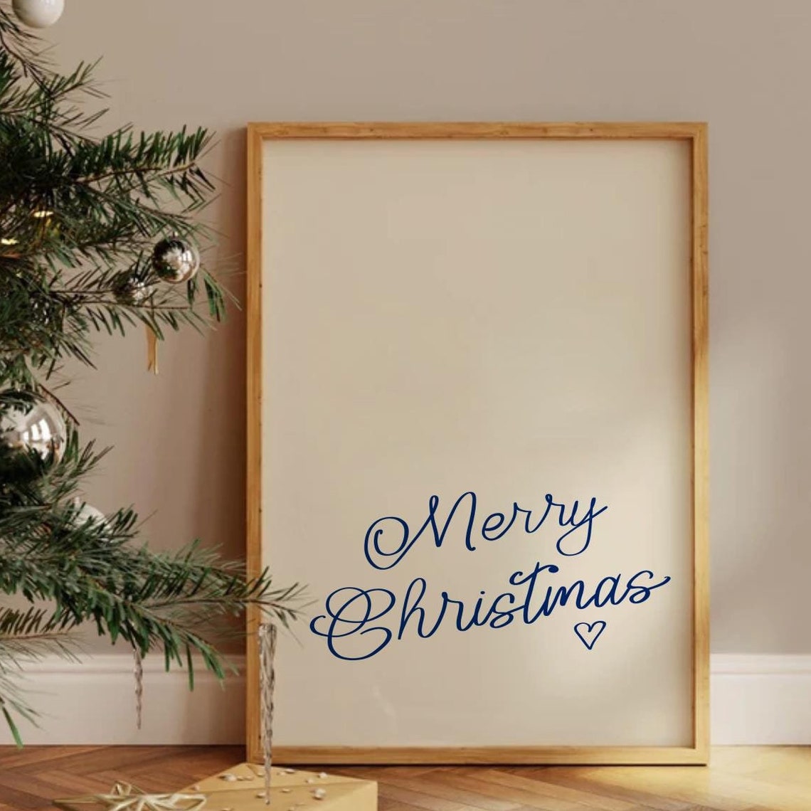 Merry Christmas Navy Script Minimalist Holiday Quote Art Poster