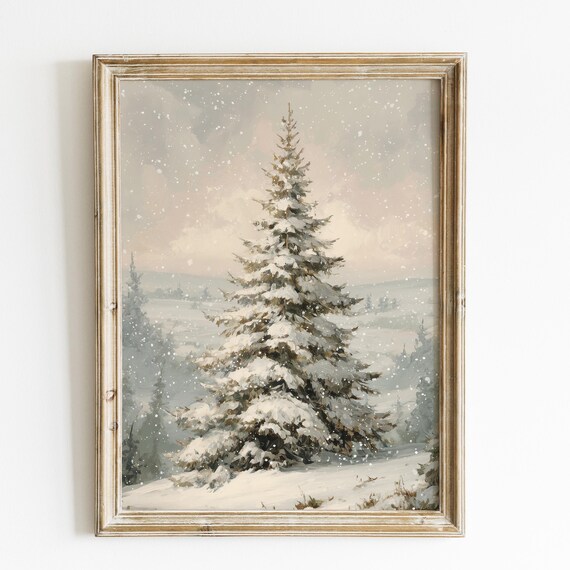 Snow Covered Pine Tree Vintage Winter Landscape Oil Painting Poster