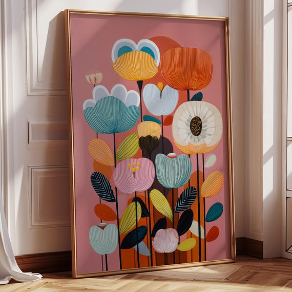 Mid Century Modern Floral Art Abstract Botanical Print Retro Flower Painting Colorful Home Decor Stylized Wall