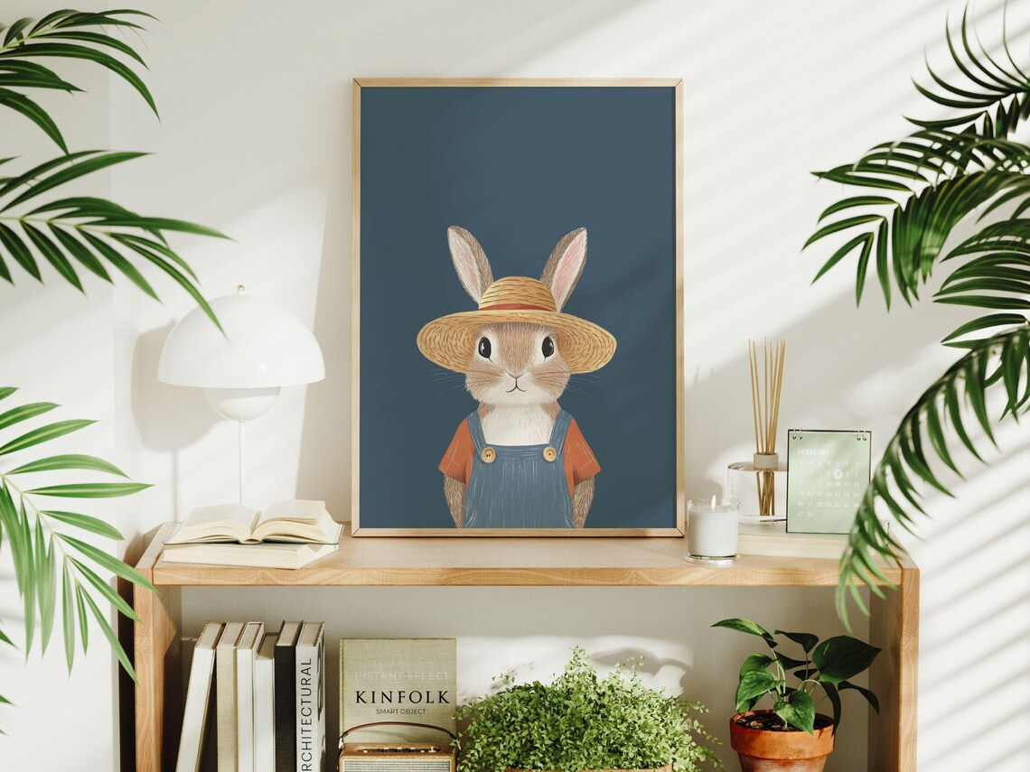 Bunny in Straw Hat and Overalls Nursery Kids Room Decor Poster - Image 3