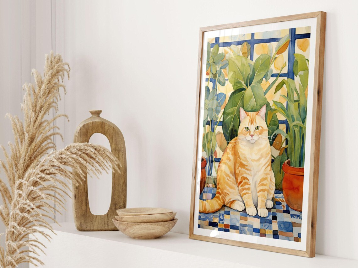 Ginger Tabby Cat Watercolor Portrait Among Leafy Green Plants Poster - Image 2