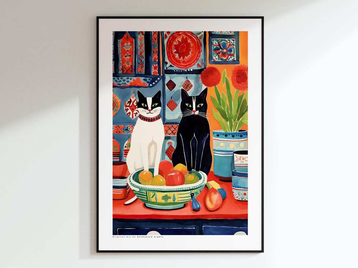 Two Cats Guarding A Fruit Bowl Moroccan Tile Kitchen Art Poster