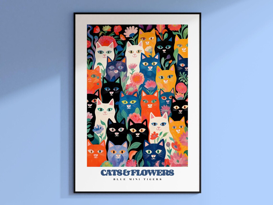 Cats and Flowers Colorful Cat Faces Maximalist Feline Art Wall Poster