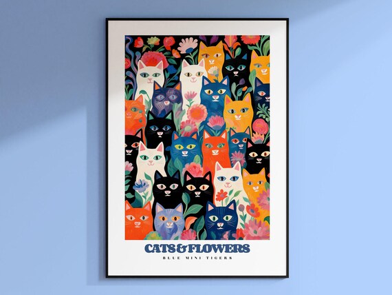 Cats and Flowers Colorful Cat Faces Maximalist Feline Art Wall Poster
