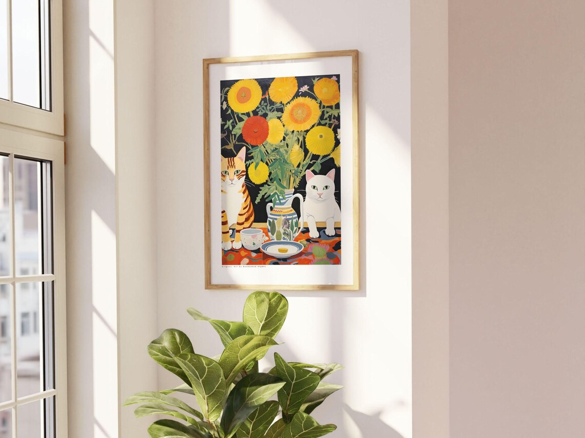 Two Cats With Giant Sunflowers Still Life Cat Illustration Poster - Image 2