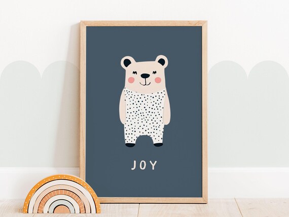 Polka Dot Bear Joy Nursery Poster Navy Background Kids Room Wall Decor