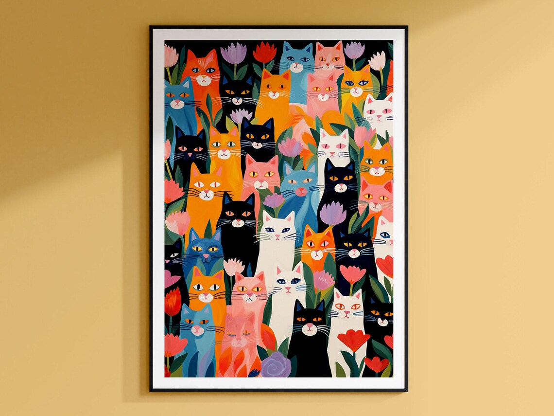 Colorful Cartoon Cats Crowd Among Tulips Garden Beautiful Poster