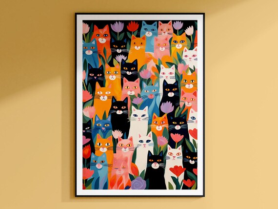 Colorful Cartoon Cats Crowd Among Tulips Garden Beautiful Poster