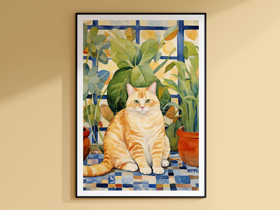 Ginger Tabby Cat Watercolor Portrait Among Leafy Green Plants Poster
