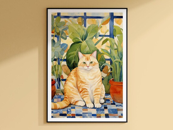 Ginger Tabby Cat Watercolor Portrait Among Leafy Green Plants Poster