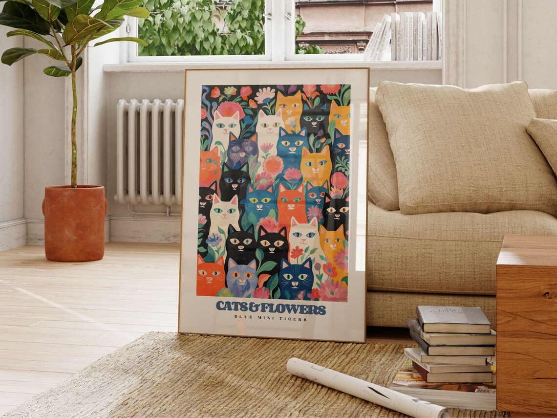 Cats and Flowers Colorful Cat Faces Maximalist Feline Art Wall Poster - Image 2