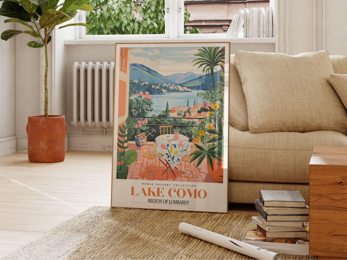 Lake Como Travel Poster Italy Wall Art City Poster Colorful Wall Art Trendy Wall Art Gallery Wall Print Italy Painting Como Print - Image 2