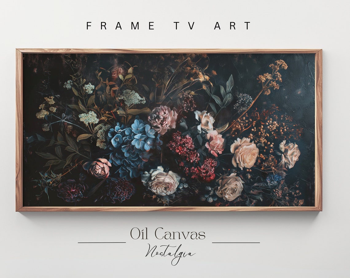 Moody Vintage Flower Frame Tv Art Dark Floral Still Life Oil Painting Botanical Antique Art Halloween Decor