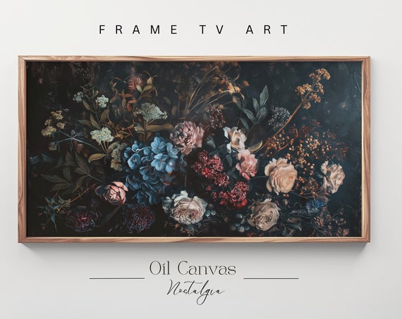 Moody Vintage Flower Frame Tv Art Dark Floral Still Life Oil Painting Botanical Antique Art Halloween Decor