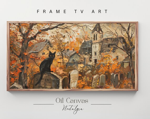 Black Cat Cemetery Gravestone Pumpkin Autumn Halloween Spooky Painting Poster
