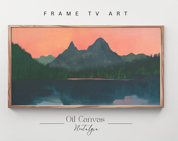 Mountain Landscape Frame Tv Art Moody Oil Painting Neutral Colours Rustic Scenery Farmhouse Decor