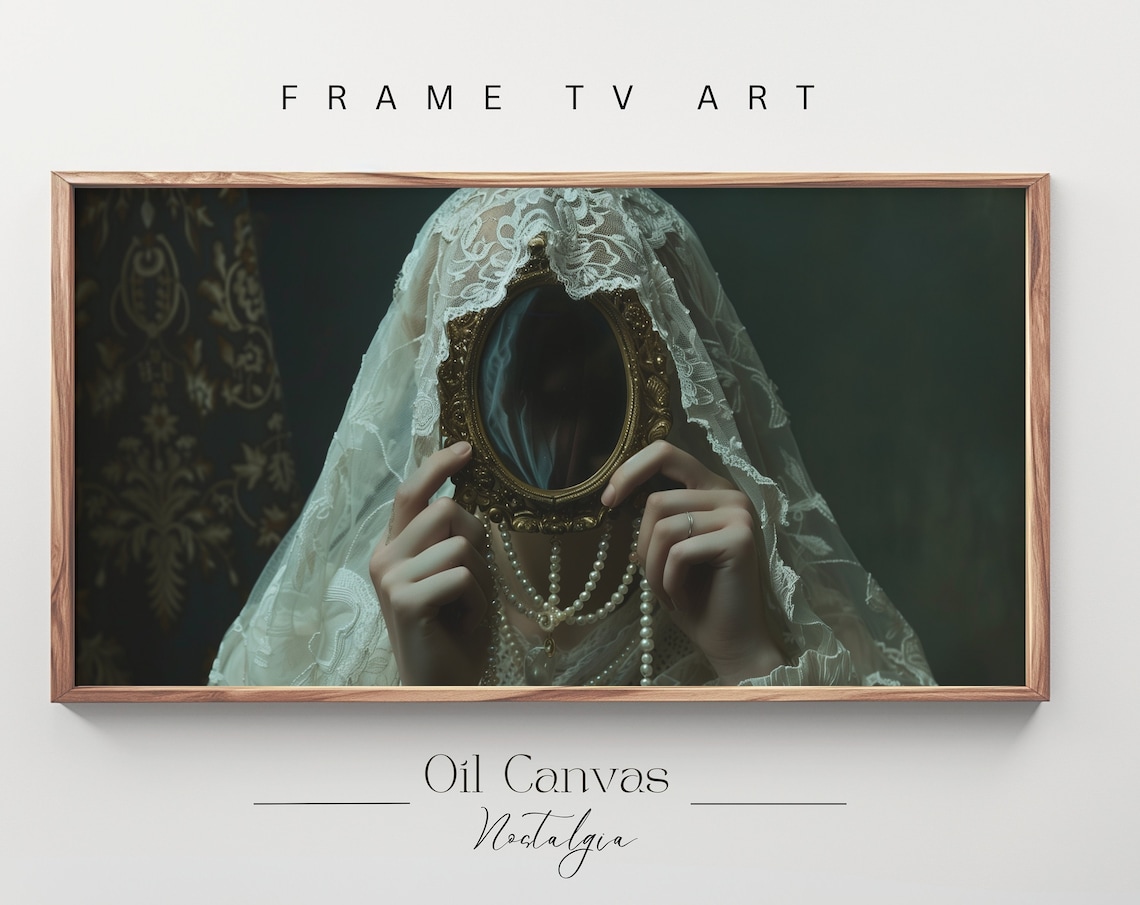 Gothic Veiled Woman Mirror Lace Veil Pearls Dark Witchy Moody Wall Art Poster