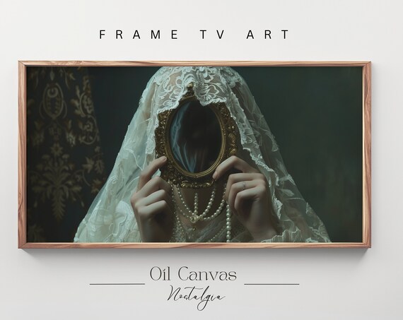 Gothic Veiled Woman Mirror Lace Veil Pearls Dark Witchy Moody Wall Art Poster