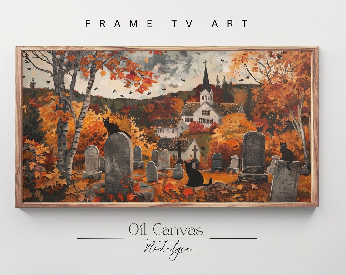 Haunted Black Cat Graveyard Church Fall Trees Spooky Halloween Poster