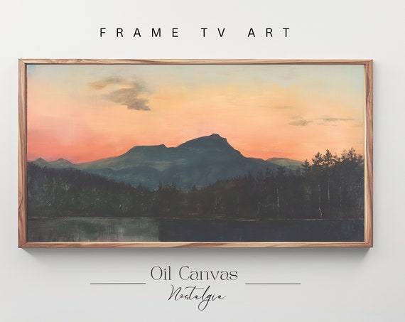 Mountain Landscape Frame Tv Art Moody Oil Painting Neutral Colours Rustic Scenery Farmhouse Decor