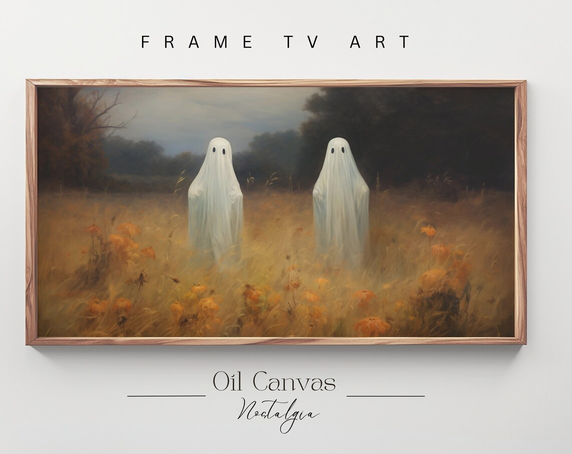 Two Sheet Ghosts In Autumn Field At Dusk Spooky Sweet Halloween Vintage Art Poster