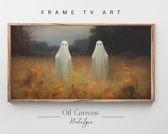 Two Sheet Ghosts In Autumn Field At Dusk Spooky Sweet Halloween Vintage Art Poster