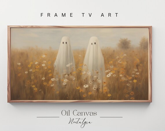 Two Cute Ghosts In Wildflower Meadow Sweet Whimsical Halloween Farmhouse Art Poster