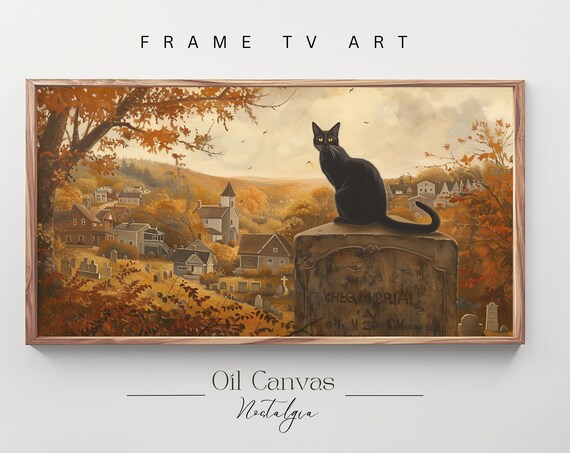 Black Cat Gravestone Autumn Village Halloween Spooky Fall Landscape Painting Poster