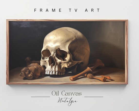 Skull With Bones Dark Academia Still Life Moody Chiaroscuro Vintage Halloween Poster