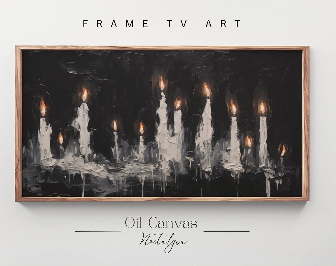 Burning White Candles On Black Background Moody Impasto Spooky Halloween Decor Poster