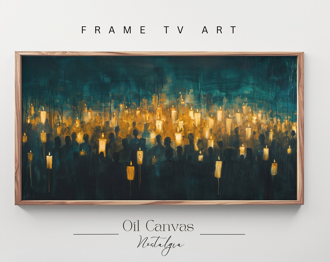 Spooky Candlelight Crowd Dark Teal Halloween Night Moody Gothic Wall Art Poster