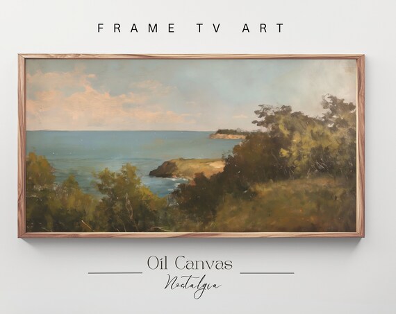 Frame Tv Art Vintage Beach Oil Painting Summer Sea Art Ocean Frame Tv Art Costal Landscape Blue Nautical Seascape