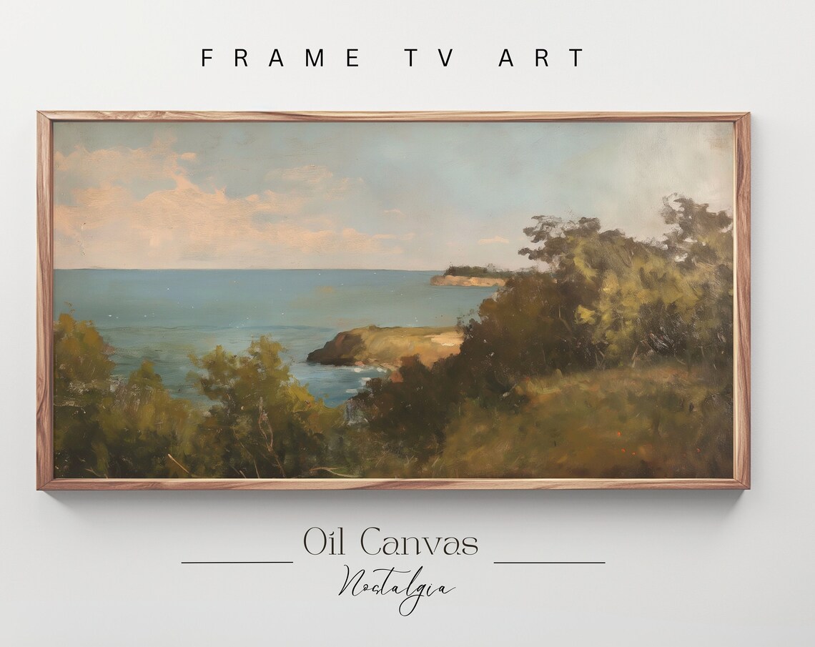Frame Tv Art Vintage Beach Oil Painting Summer Sea Art Ocean Frame Tv Art Costal Landscape Blue Nautical Seascape
