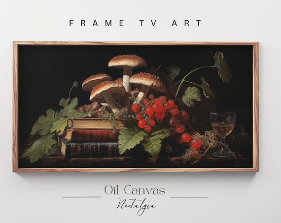 Botanical Mushrooms Frame Tv Art Dark Cottagecore Moody Wall Art Vintage Bookish Decor Dark Academia Oil Painting