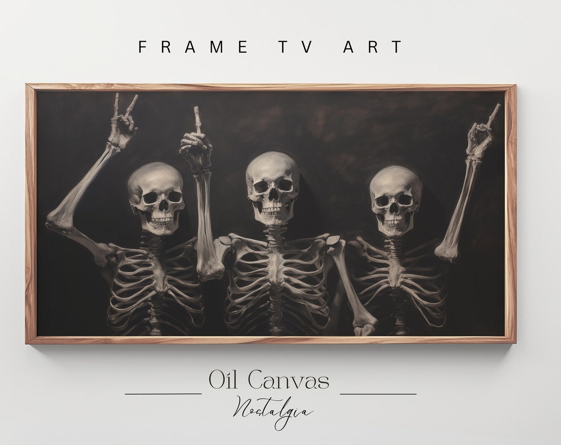 Halloween Frame Tv Art Funny Skeleton Painting Spooky Moody Decor