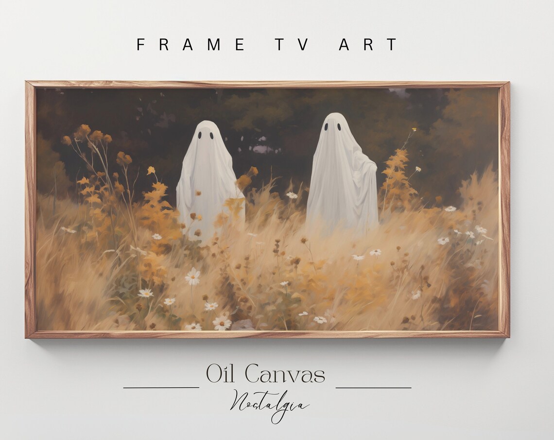 Two Friendly Ghosts In Golden Meadow Dark Woods Vintage Halloween Decor Art Poster