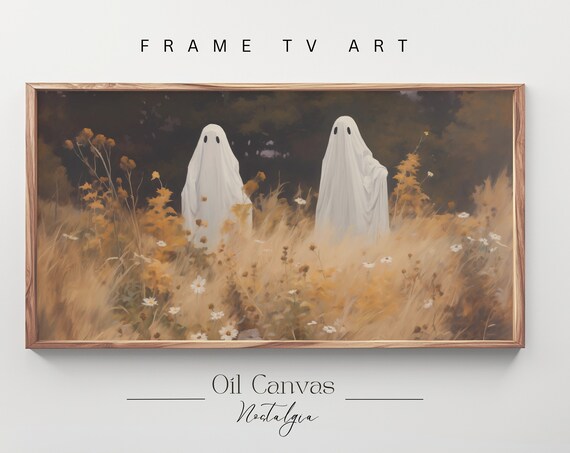 Two Friendly Ghosts In Golden Meadow Dark Woods Vintage Halloween Decor Art Poster