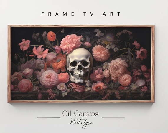 Skull Surrounded By Pink Flowers Dark Botanical Gothic Floral Halloween Wall Art Poster