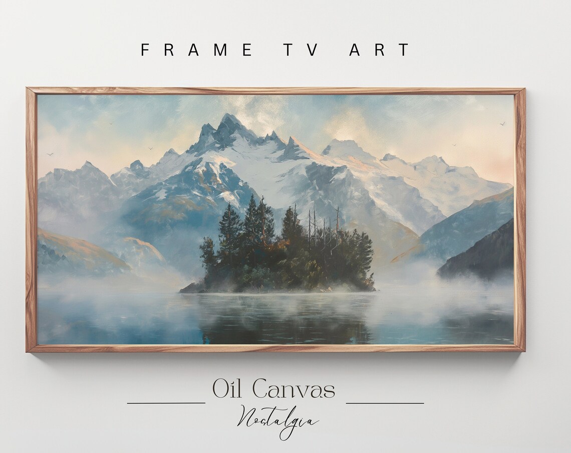 Misty Mountain Lake Pine Island Snow Peaks Sunrise Travel Poster
