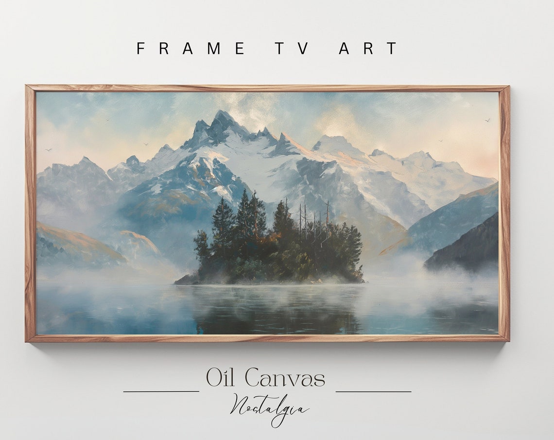 Mountain Landscape Frame Tv Art Vintage Rustic Scenery Oil Painting Farmhouse Decor Nature Wall Art Instant