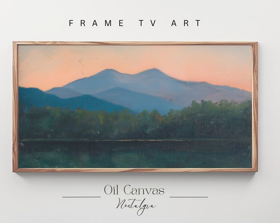 Mountain Landscape Frame Tv Art Moody Oil Painting Neutral Colours Rustic Scenery Farmhouse Decor