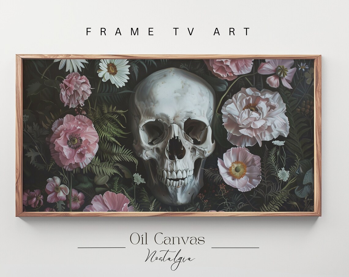 Skull In Bloom With Pink Anemones Dark Botanical Vanitas Halloween Artwork Wall Poster